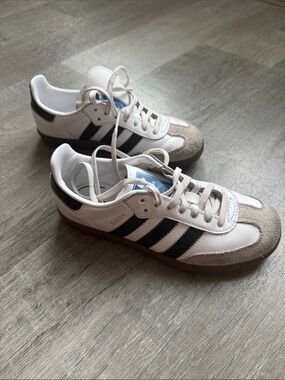 Kids adidas Samba White Sneakers with Black Stripes and Gum Sole